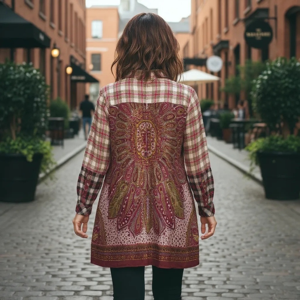 Anthropologie Aratta Silent Journey Boho Multicolor Plaid Button-Down Top - Picture 7 of 8